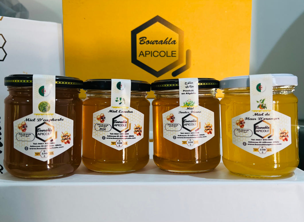 1 kg de miel composé de 4 variétés différentes :miel de de fleurs d’oranger ,miel de jujubier,miel d’euphorbe ,et Multifleurs  (jujubier eucalyptus)