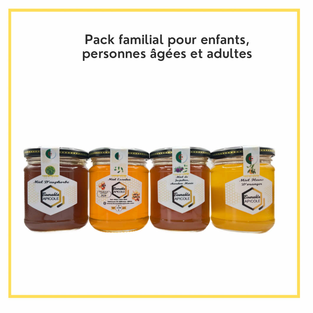 .Pack familial : 4 variétés différentes de 250g chacune : Fleurs d’Oranger, Euphorbe, Jujubier et Multifleurs(jujubier chardon marie)